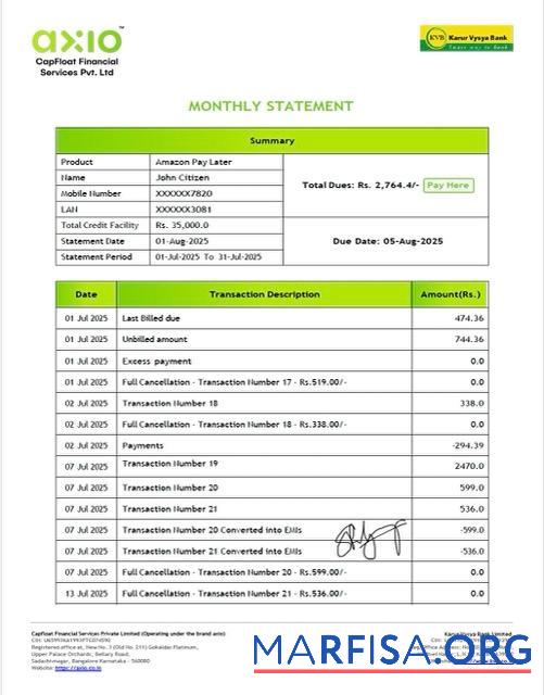 Blank India Karur Vysya bank account statement word version 2 real example